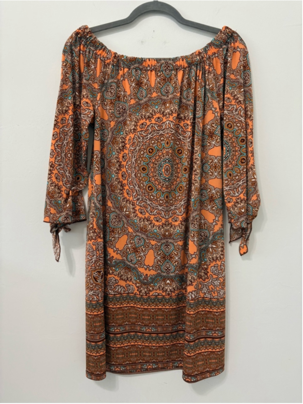 Tacera Off Shoulder Paisley Medallion Dress Sz S Peach Boho EUC - Picture 7 of 11